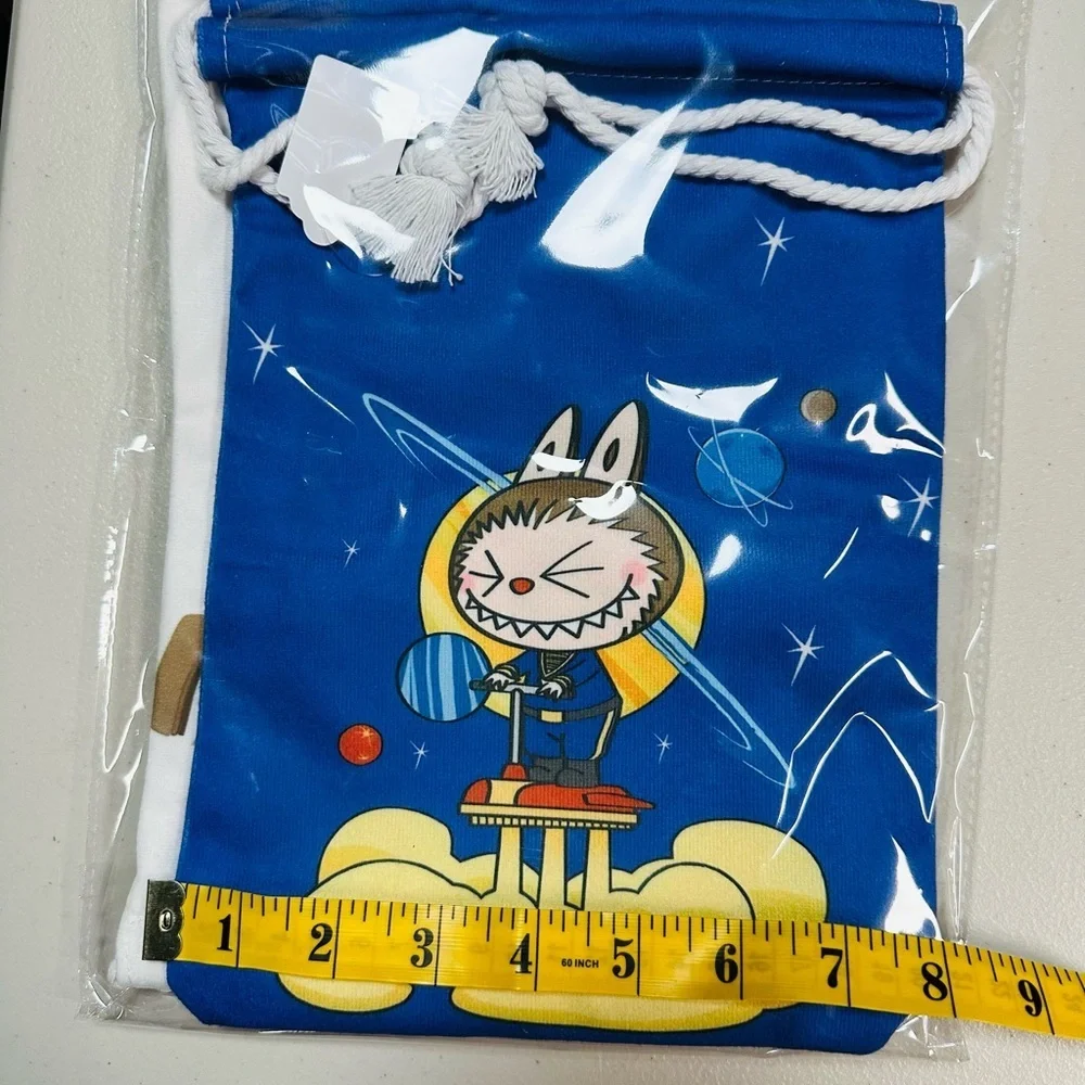 2 bags Blue and White Drawstring Bags with Labubu Cartoon Designs